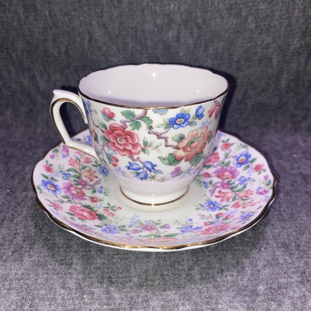 Vintage Crown Staffordshire Bone China England Cup & Saucer Springtime Pattern